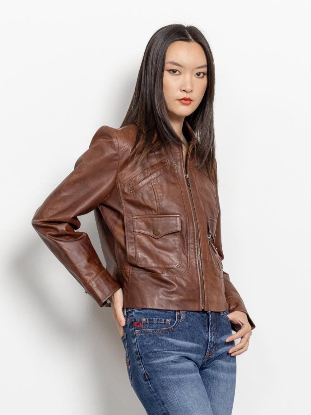 LEATHER MOTORCYCLE JACKET Brown 2000's Vintage Women Small